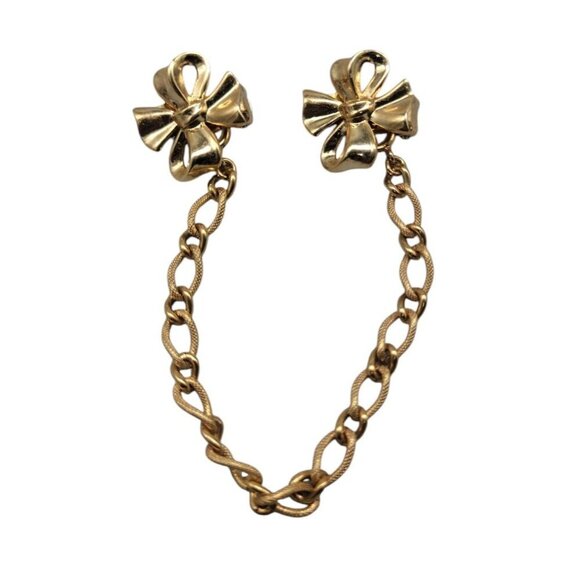 Crown Trifari Sweater Clips Pin Double Bows Detachable Chain Vintage Gold Tone - Picture 16 of 16